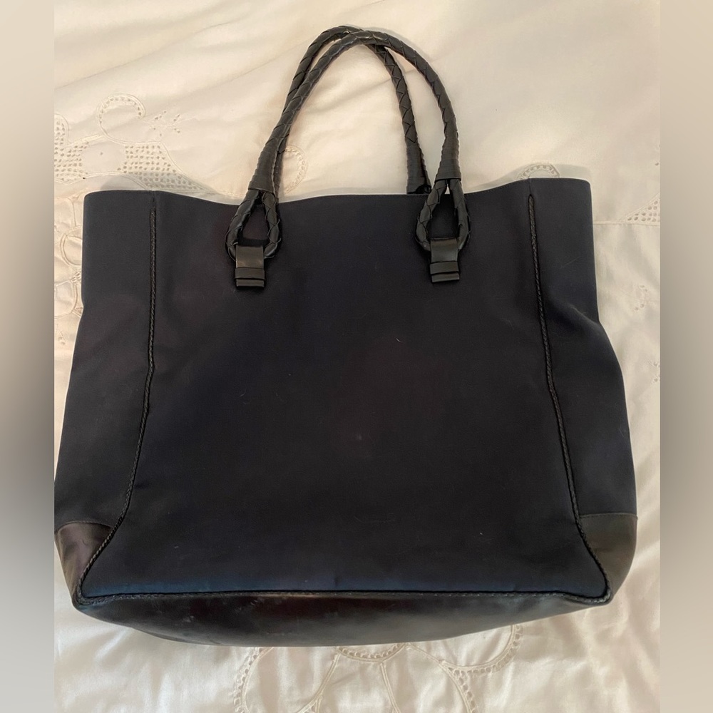 Bottega Venetta Canvas and Leather Tote Navy Blue canvas and Black Leather Trim
